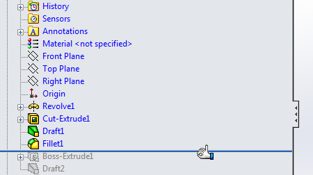 Screenshot of the SolidWorks FeatureManager Design Tree featuring the pinky up rollback cursor